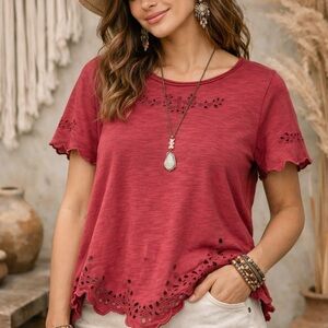 Free People Pink Short Sleeve Eyelet Top
